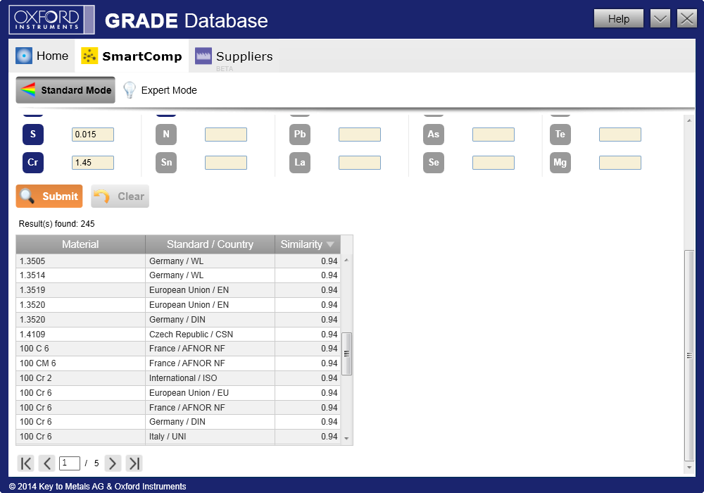 Selecting the material from the list of results
