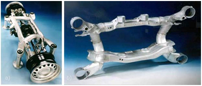 Rear axle subframes, wheels of Al-Mg sheet : a) BMW 5, b) BMW 7-series - Combinations of welded sheet, hydroformed tubes and casted members