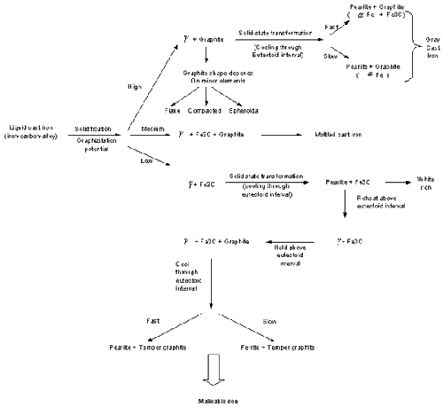 Basic microstructures and processing for obtaining common commercial cast irons