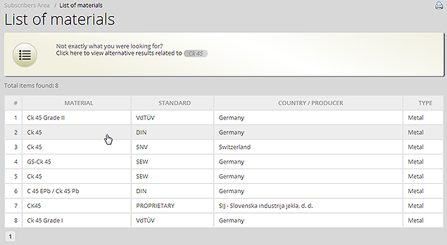 Selecting a material from the list of the results