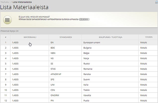 Materiaalin valinta tulosluettelosta