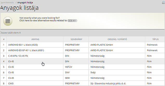Selecting a material from the list of the results