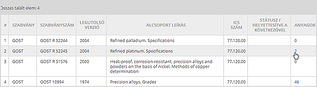 Selecting a material from the list of the results