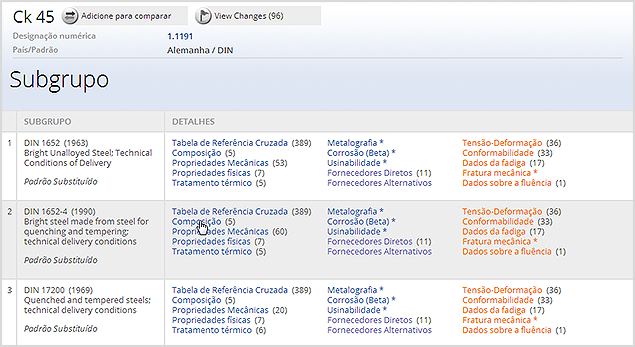 Seleção do grupo / subgrupo de material
