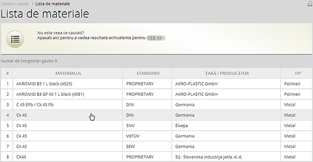 Alegerea unui material din lista de rezultate