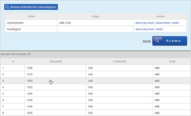 Selecting a material from the list of the results