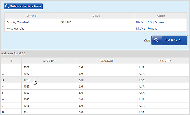 Selecting a material from the list of the results