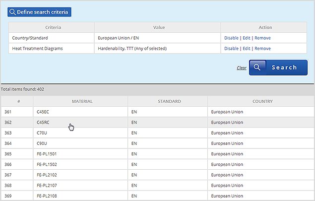 Selecting a material from the list of the results