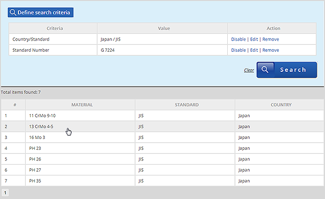 Selecting a material from the list of the results